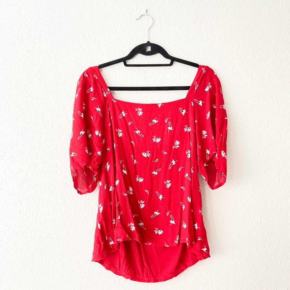 A New Day Red Floral Square Neck Blouse
